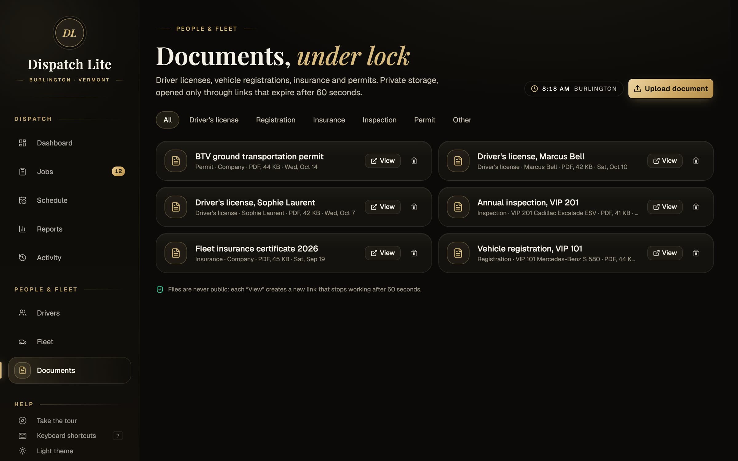 Documents page with licences, registrations and permits