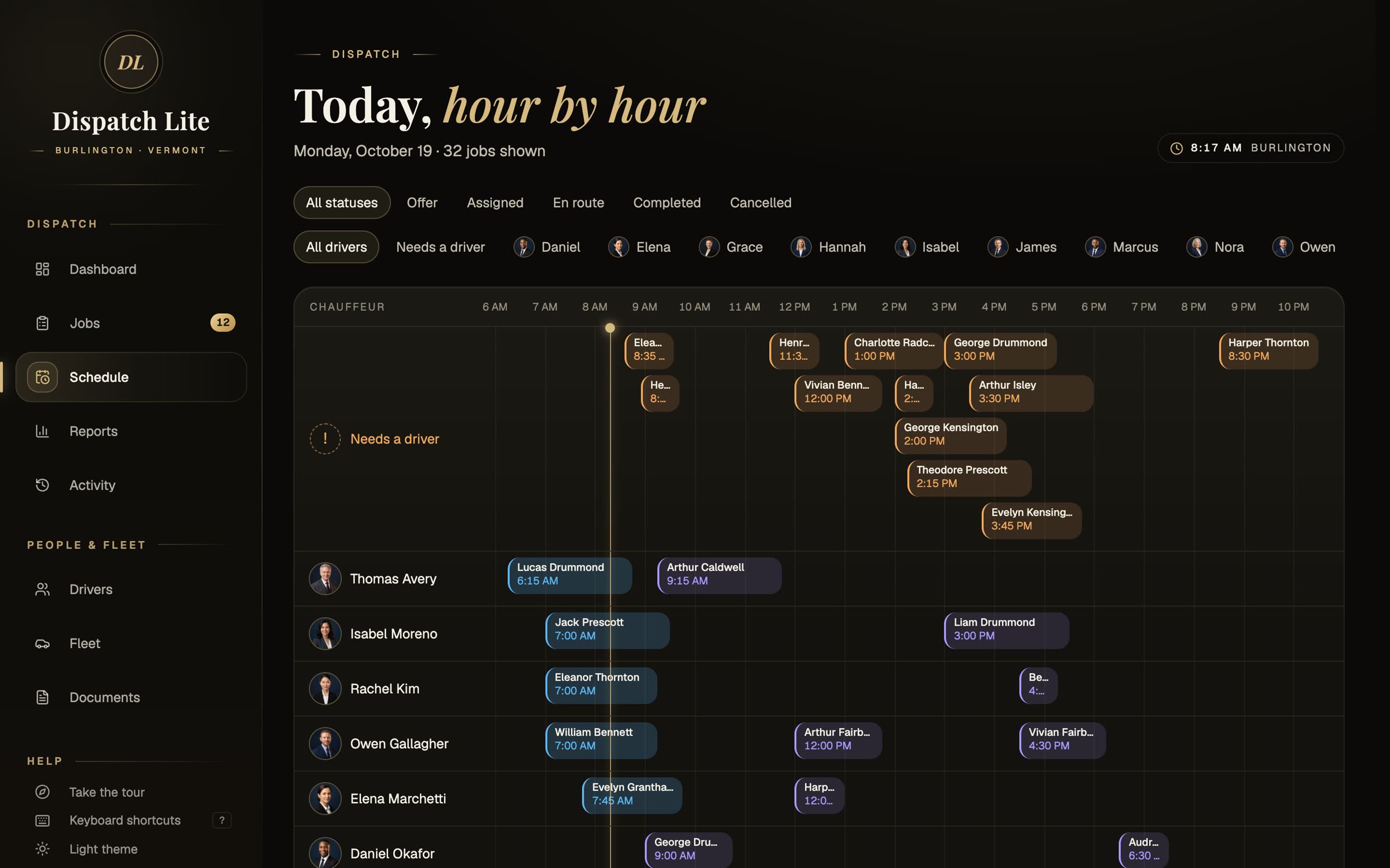 Today's schedule as a timeline, one row per chauffeur