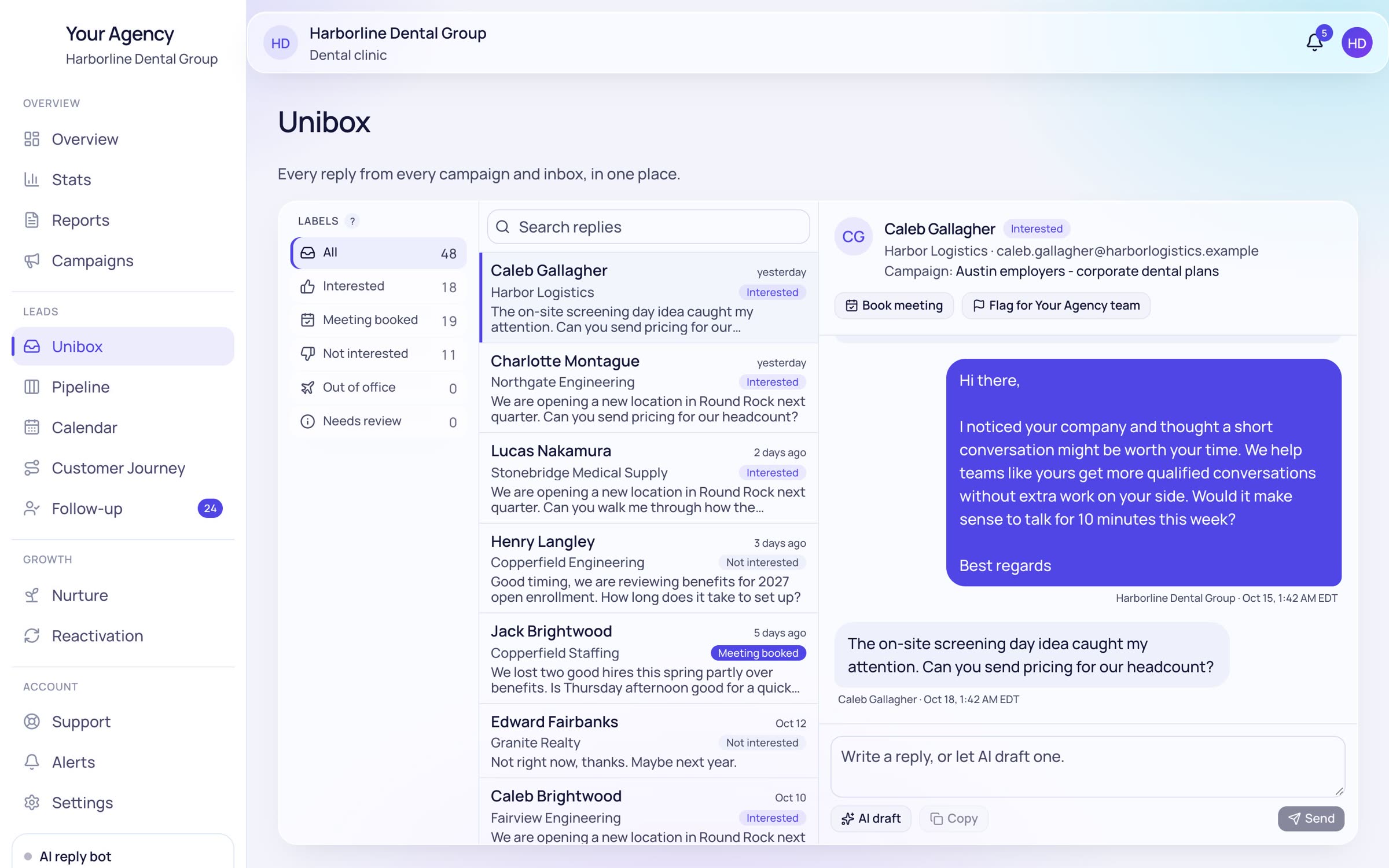 Unibox with a reply open and the AI draft button